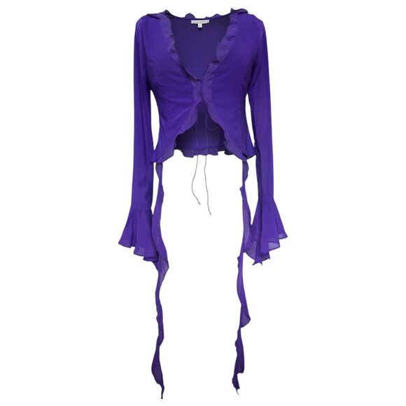Peppermayo Tie Front Sheer Ruffle Blouse Purple Long Sleeve S - Picture 2 of 12